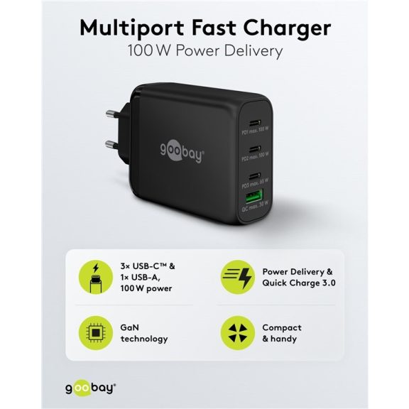 Goobay USB-C™ PD GaN többportos gyorstöltő (100 W), fekete