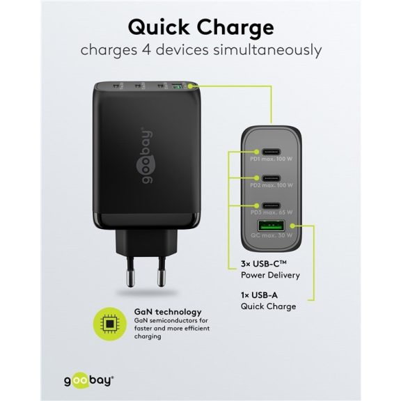 Goobay USB-C™ PD GaN többportos gyorstöltő (100 W), fekete