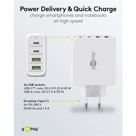 Goobay USB-C™ PD GaN többportos gyorstöltő (65 W), fehér