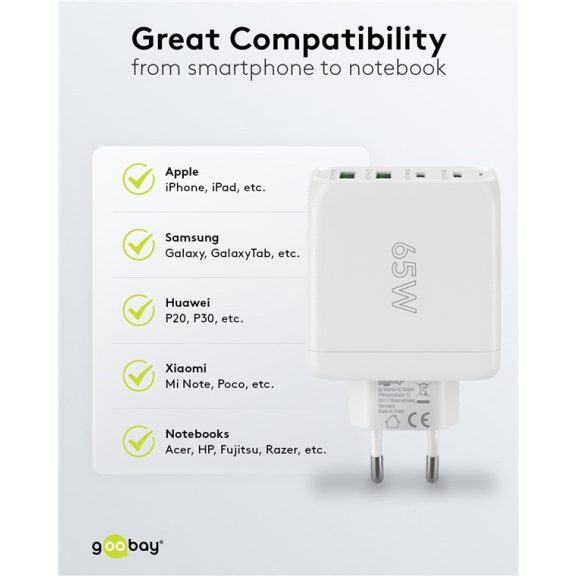 Goobay USB-C™ PD GaN többportos gyorstöltő (65 W), fehér