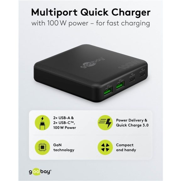 Goobay USB-C™ PD GaN többportos asztali töltő (100 W), fekete