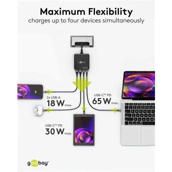 Goobay USB-C™ PD GaN többportos asztali töltő (65 W), fekete