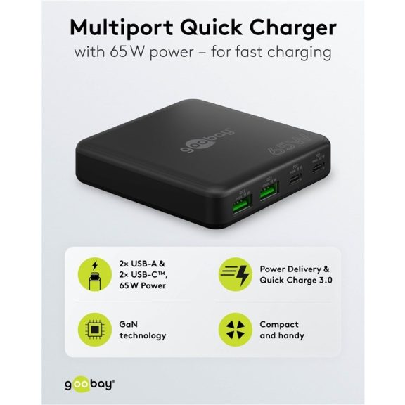 Goobay USB-C™ PD GaN többportos asztali töltő (65 W), fekete