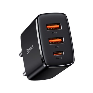   Baseus kompakt gyorstöltő, 2xUSB, USB-C, PD, 3A, 30 W (fekete)