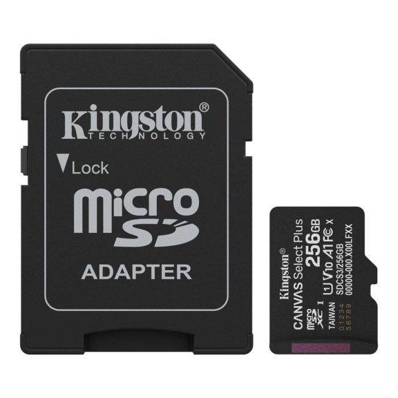Memóriakártya Micro SDXC 256GB Kingston Canvas Select Plus Gen3 Class 10 UHS-1 A1 V10 + Adaprer