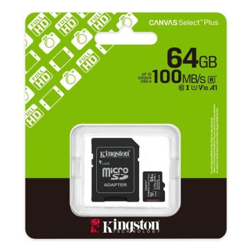   Memóriakártya Micro SDXC 64GB Kingston Canvas Select Plus Gen3 Class 10 UHS-1 A1 V10 + Adaprer