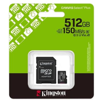   Memóriakártya Micro SDXC 512GB Kingston Canvas Select Plus Gen3 Class 10 UHS-1 A1 V10 + Adaprer