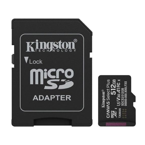 Memóriakártya Micro SDXC 512GB Kingston Canvas Select Plus Gen3 Class 10 UHS-1 A1 V10 + Adaprer