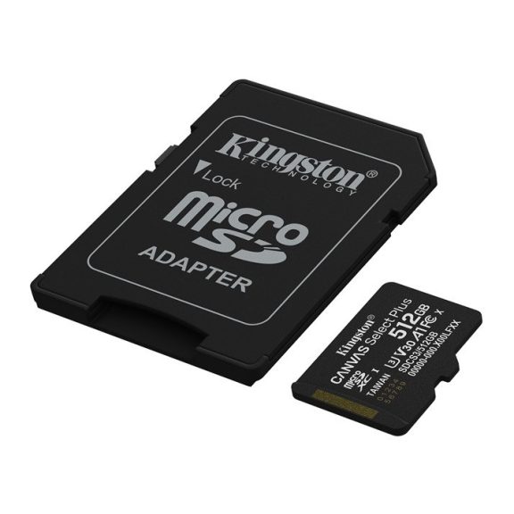 Memóriakártya Micro SDXC 512GB Kingston Canvas Select Plus Gen3 Class 10 UHS-1 A1 V10 + Adaprer