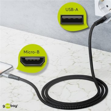   Goobay Micro USB - USB flexibilis textil adat- és töltő kábel, 1m, asztroszürke-ezüst 49282