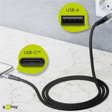   Goobay USB-C - USB flexibilis textil adat- és töltő kábel, 2m, asztroszürke-ezüst 49297