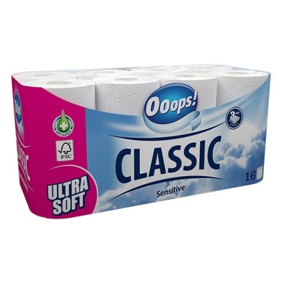 Toalettpapír OOOPS! Classic Sensitive 3 rétegű 16 tekercs/csomag Toalettpapír OOOPS! Classic Sensitive 3 rétegű 16 tekercs/csomag