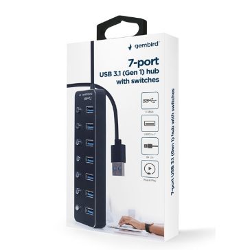   Gembird Usb hub 7 portos USB 3.1 (1. generáció) hub kapcsolókkal, fekete