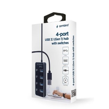   Gembird Usb hub USB 3.1 (1. generáció) tápellátású, 4 portos elosztó kapcsolókkal, fekete