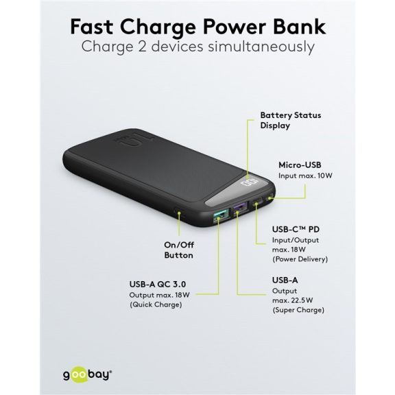Goobay power bank 10000 mAh fekete (USB-C PD, USB-A QC 3.0)