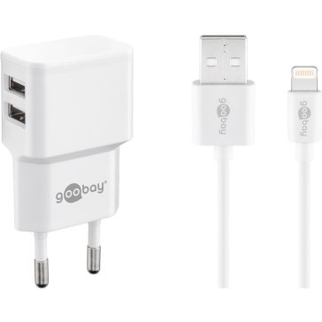   Goobay hálózati töltő 12W 2xUSB-A, fehér + 1 m Lightning töltőkábel