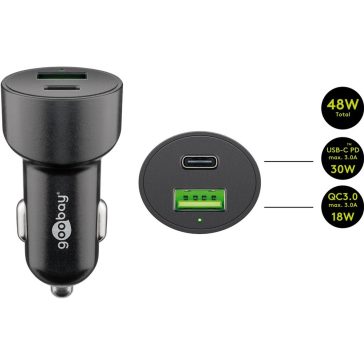 Goobay autós gyorstöltő 48W USB-A/USB-C, fekete