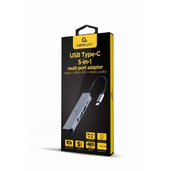 Gembird USB Type-C 5 az 1-ben többportos adapter (elosztó + HDMI + kábel + sztereó hang) (A-CM-COMBO5-02) Gembird USB Type-C 5 az 1-ben többportos adapter (elosztó + HDMI + kábel + sztereó hang) (A-CM-COMBO5-02)