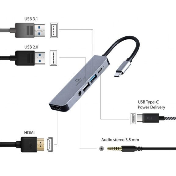 Gembird USB Type-C 5 az 1-ben többportos adapter (elosztó + HDMI + kábel + sztereó hang) (A-CM-COMBO5-02) Gembird USB Type-C 5 az 1-ben többportos adapter (elosztó + HDMI + kábel + sztereó hang) (A-CM-COMBO5-02)