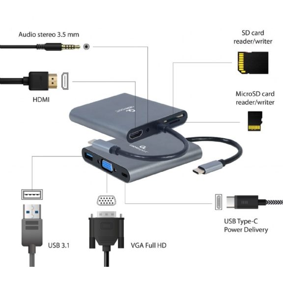 Gembird USB Type-C 6 az 1-ben többportos adapter (Hub3.1 + HDMI + VGA + PD + kártyaolvasó + sztereó hang), asztroszürke Gembird USB Type-C 6 az 1-ben többportos adapter (Hub3.1 + HDMI + VGA + PD + kártyaolvasó + sztereó hang), asztroszürke