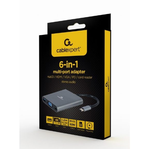 Gembird USB Type-C 6 az 1-ben többportos adapter (Hub3.1 + HDMI + VGA + PD + kártyaolvasó + sztereó hang), asztroszürke Gembird USB Type-C 6 az 1-ben többportos adapter (Hub3.1 + HDMI + VGA + PD + kártyaolvasó + sztereó hang), asztroszürke